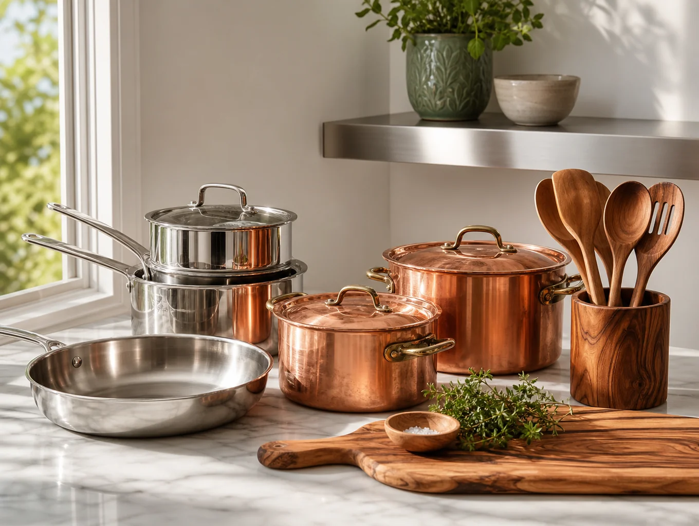 Organized cookware and kitchen utensils on open wooden shelves
