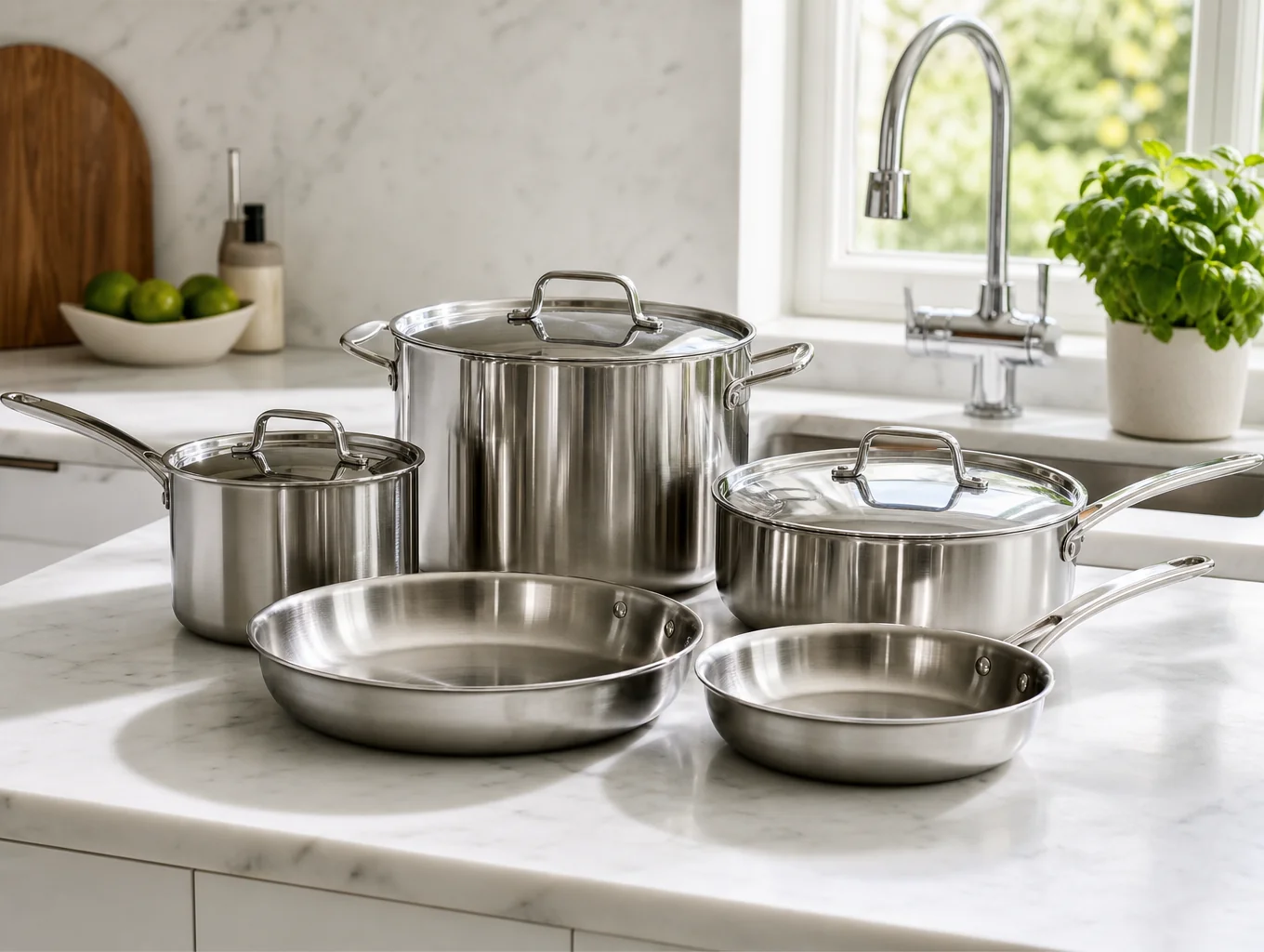 Domestic kitchen bench with stainless steel cookware and wooden spoons under natural sunlight