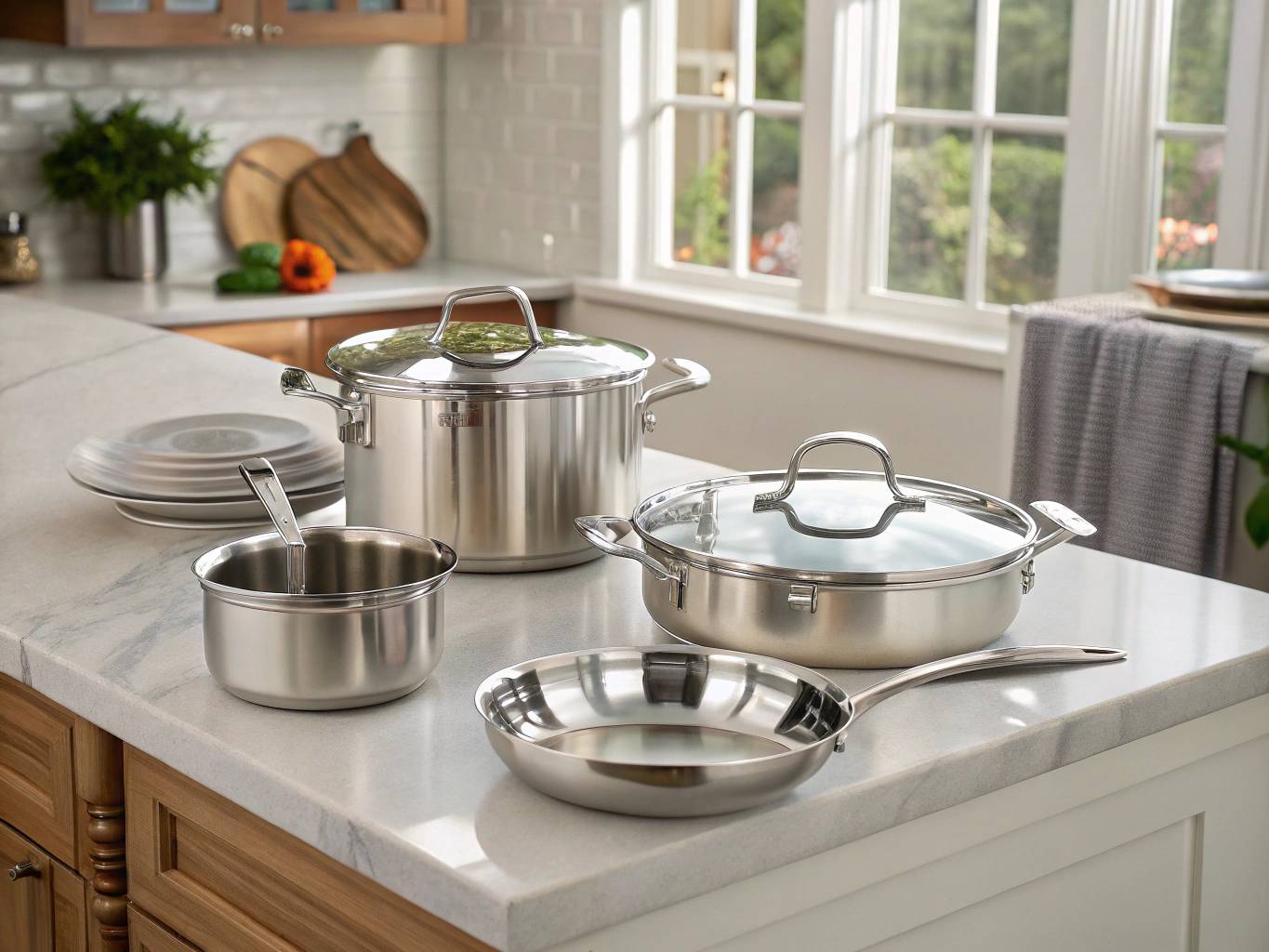 Polished cookware on dark slate benchtop in warm kitchen lighting